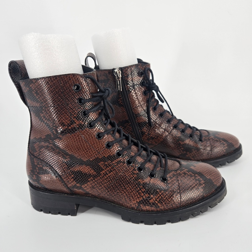 Jimmy Choo Kaia Brown/Black Snake Effect Leather Ankle Combat Boots Size 40 9.5